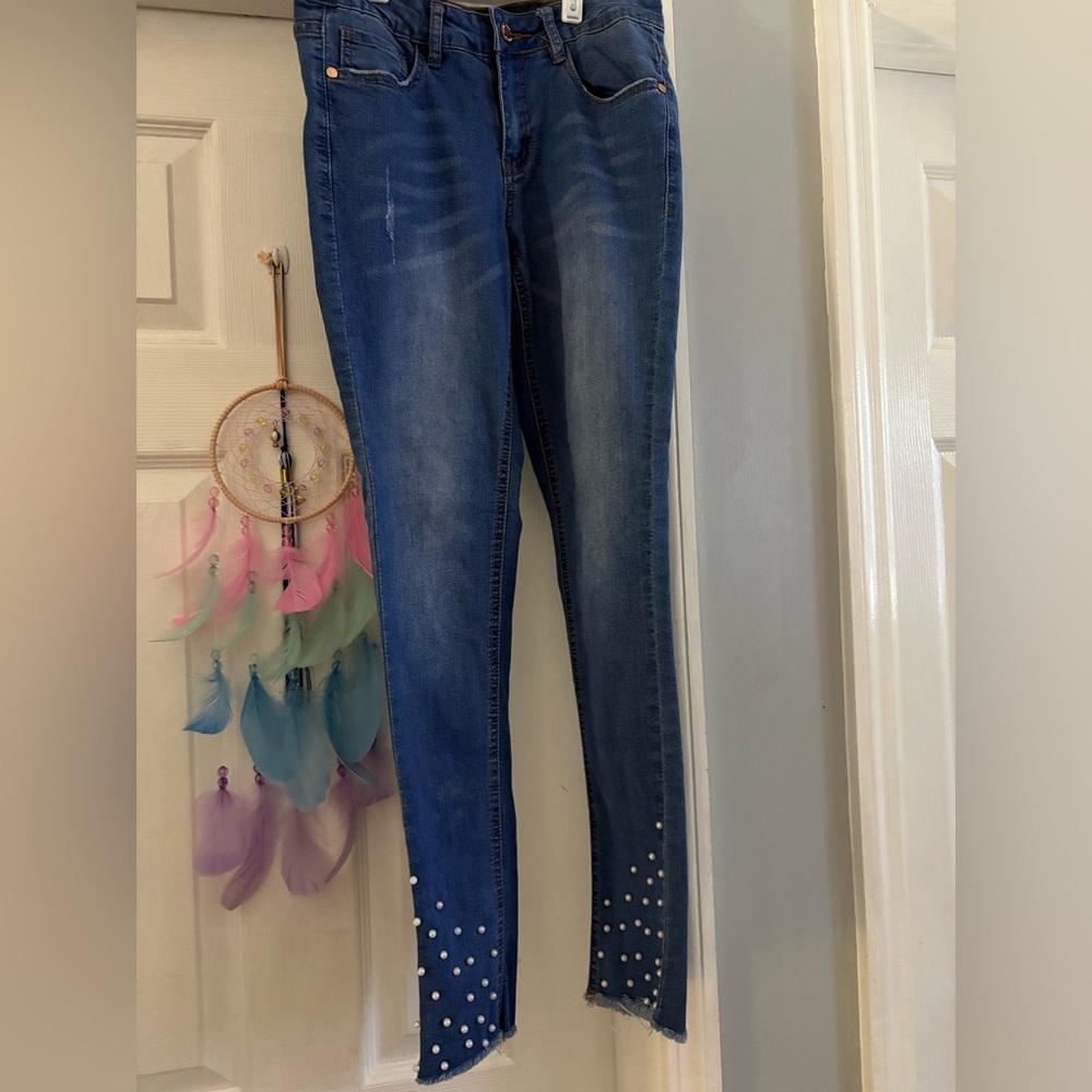 Dark Blue Women's Skinny Jeans with Studded Hem Detail